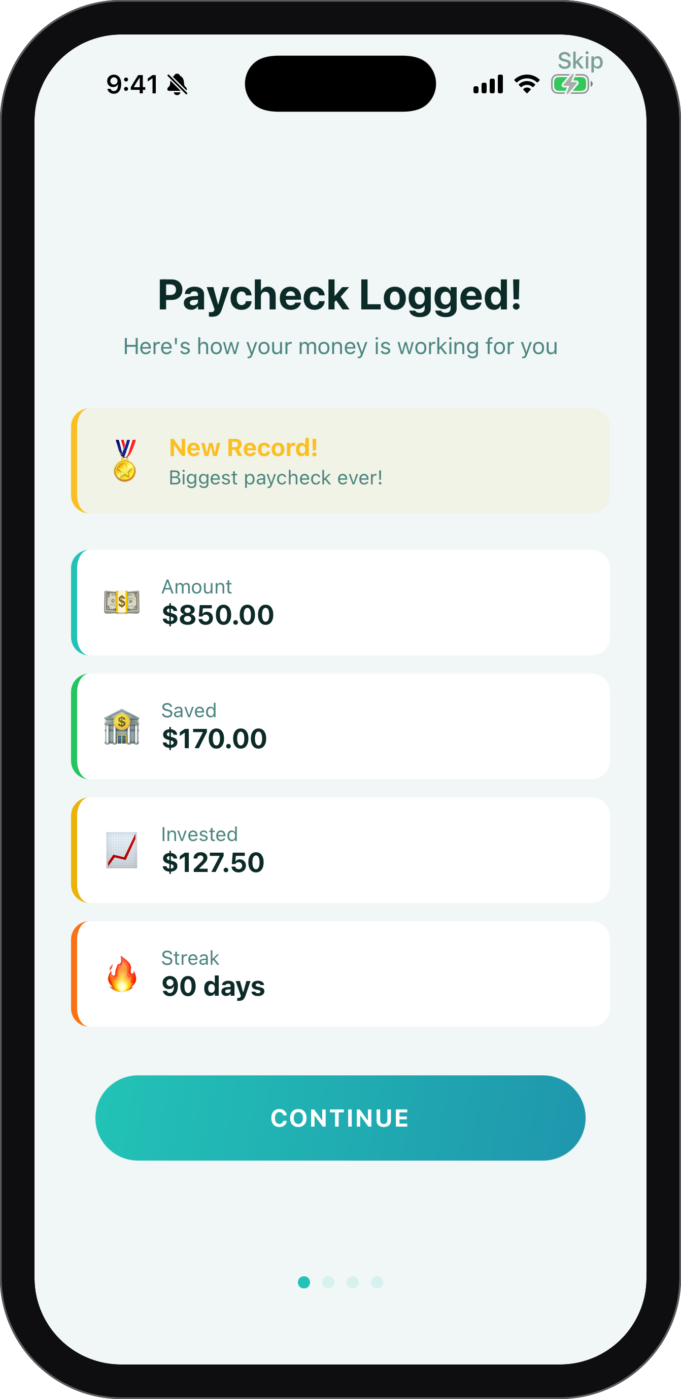 Paycheck Logged celebration showing a new record, amount saved and invested, and a 90-day streak