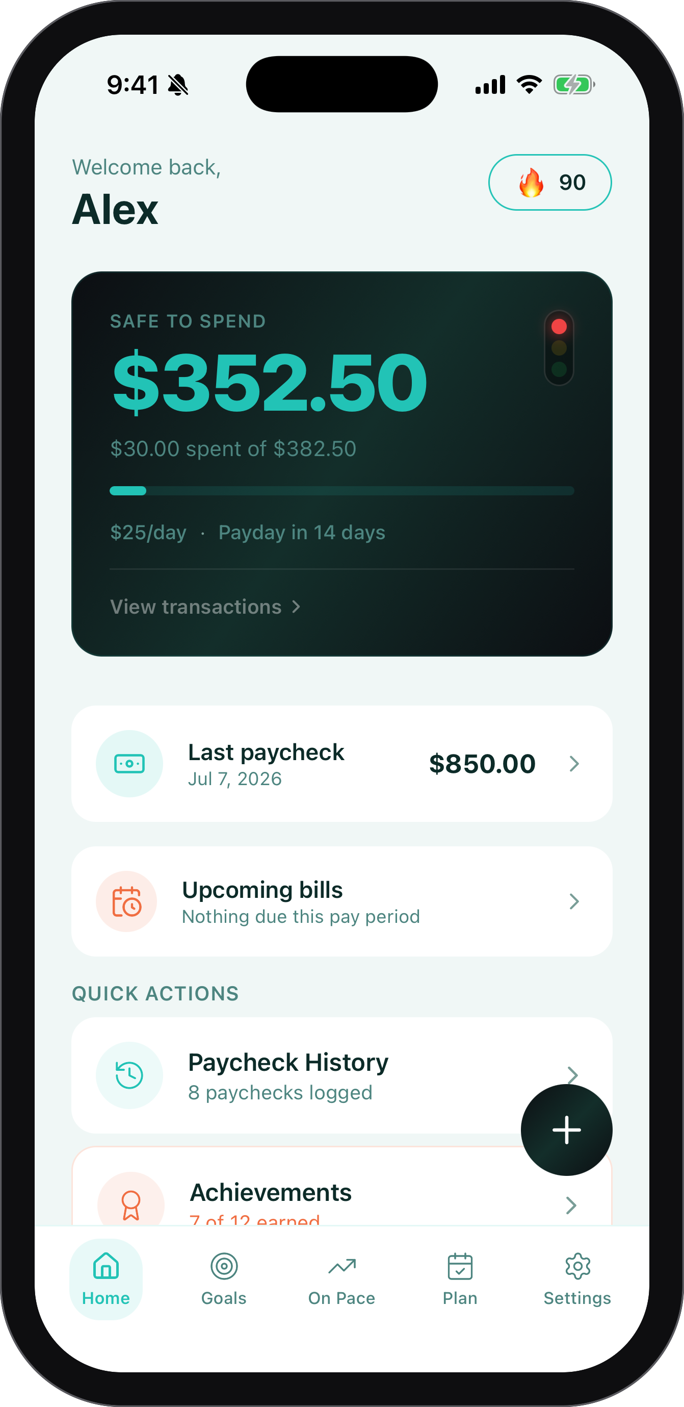 North home screen showing a Safe to Spend balance, spending stoplight, and daily runway