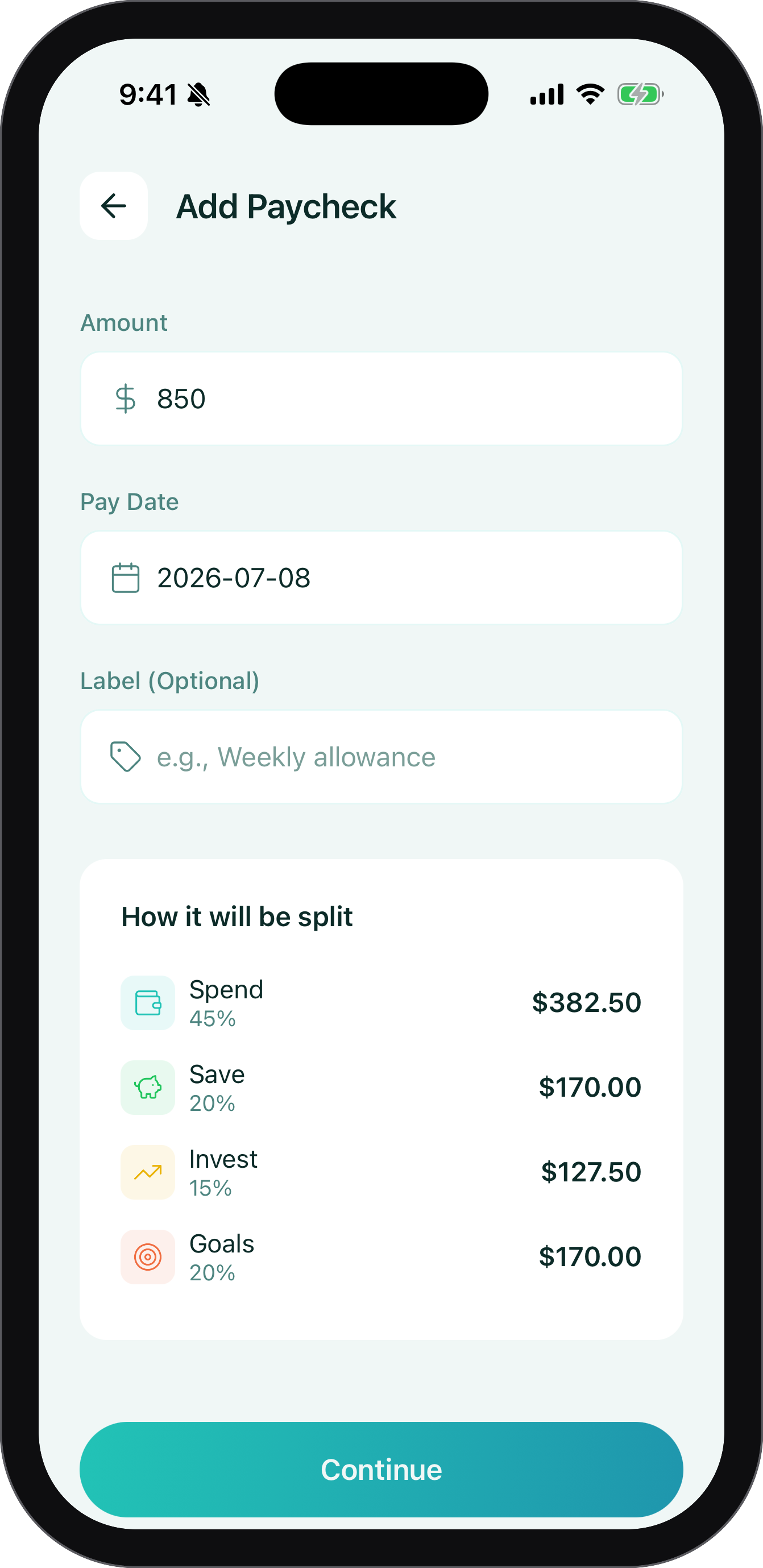 Add Paycheck screen showing an $850 check split across all four buckets