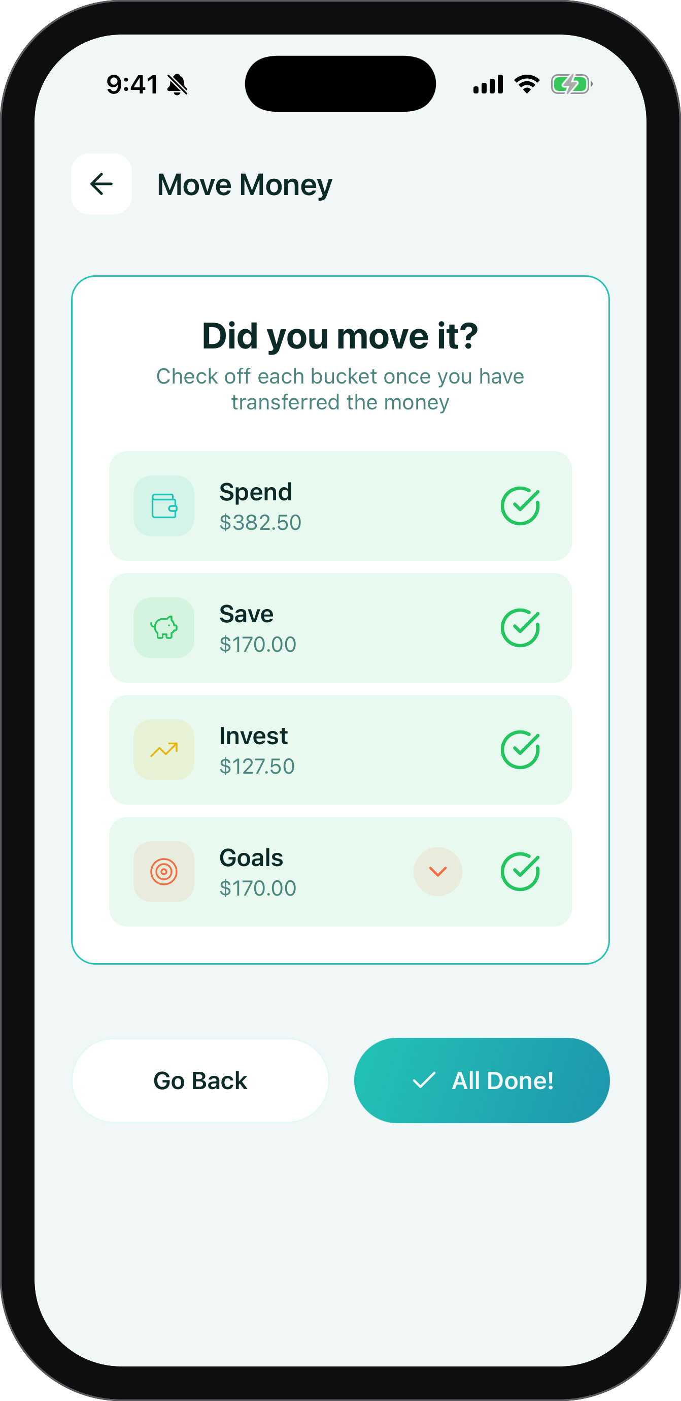 Move Money checklist with all four buckets checked off