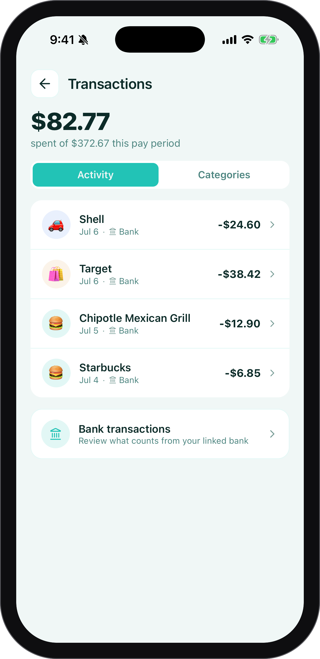 Transactions screen auto-tracking purchases from a linked bank, sorted into smart categories
